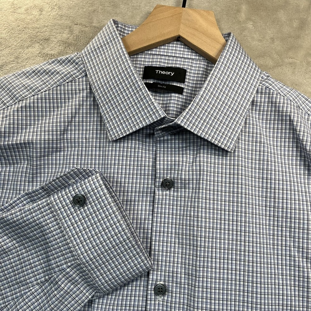 Theory Shirt Mens 17R Slim Fit Blue Plaid Button Down Cotton Nylon‎ Stretch